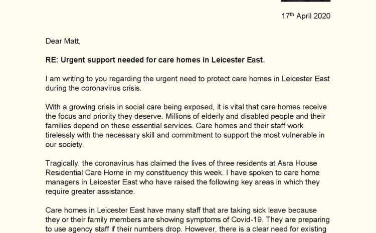  Urgent support needed for care homes in Leicester East