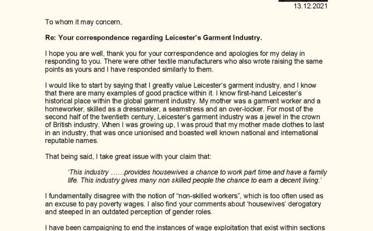  Your Correspondence regarding Leicester’s Garmet Industry