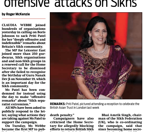  Call for Patel to go after her ‘offensive’ attacks on Sikhs 