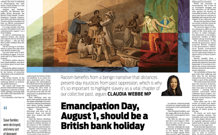  Emancipation Day, August 1, should be an official British bank holiday 