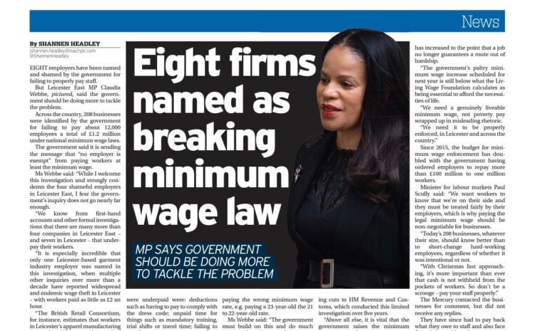  Government names and shames Leicester employers underpaying staff in clear breach of National Minimum Wage Law