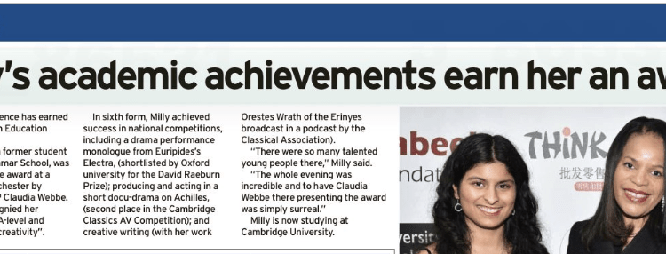  Milly’s academic achievements earn her an award, presented by Claudia Webbe MP