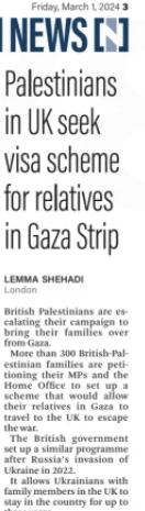  Palestinians in UK seek visa scheme for relatives in Gaza Strip