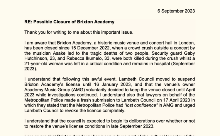  Possible Closure of Brixton Academy