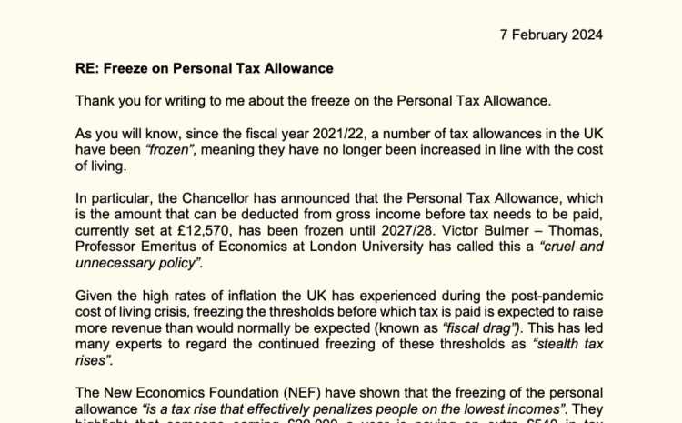  Freeze on Personal Tax Allowance