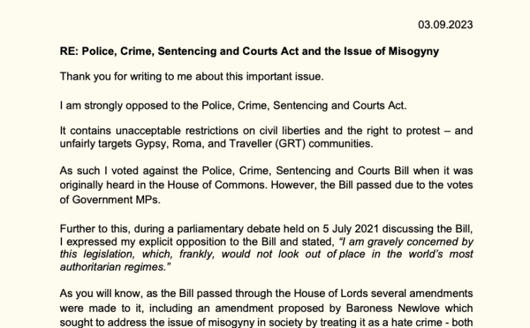  Police, Crime, Sentencing and Courts Act and the Issue of Misogyny