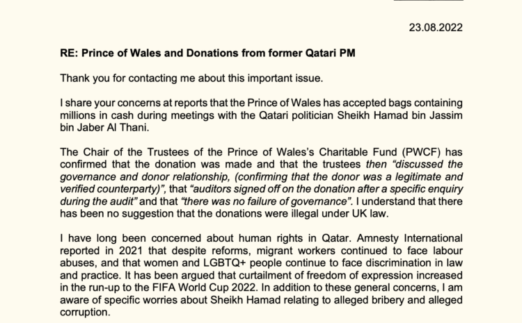  Prince of Wales and Donations from former Qatari PM