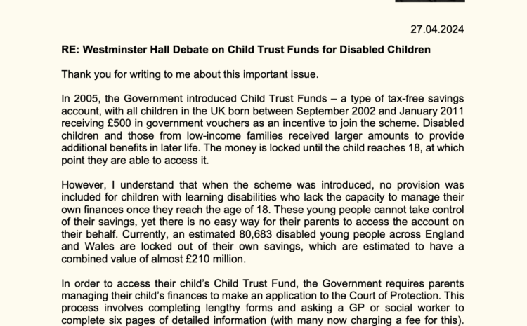  Westminster Hall Debate on Child Trust Funds for Disabled Children